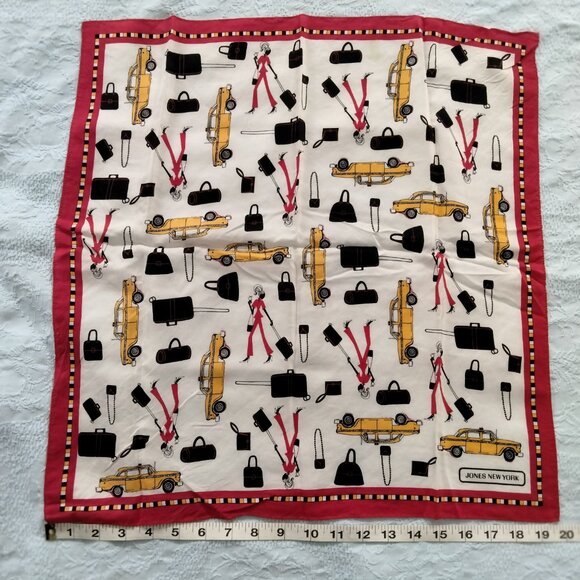 VTG JONES NEW YORK Red & White Square 20" Scarf w/ Yellow Taxi Travel Print - Picture 9 of 11